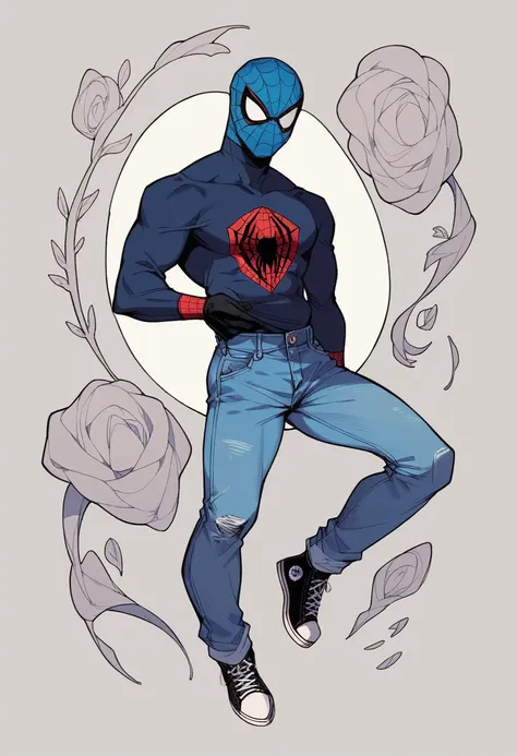 Draw vintage style of Spider-man wearing his mask and gloves, but wearing a blue oversize crewneck sweather, blue oversize jeans and black converse, art, aesthetic