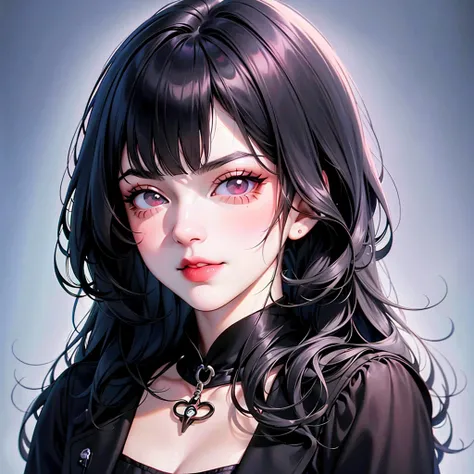 pintura de uma mulher with black hair e blusa preta, Ilya Kuvshinov face, Ilya Kuvshinov. 4K, Ilya Kuvshinov style, Kuvshinov Ilya, kuvshinov, detailed portrait of anime girl,  with black hair, cute anime portrait, anime style portrait, digital anime art