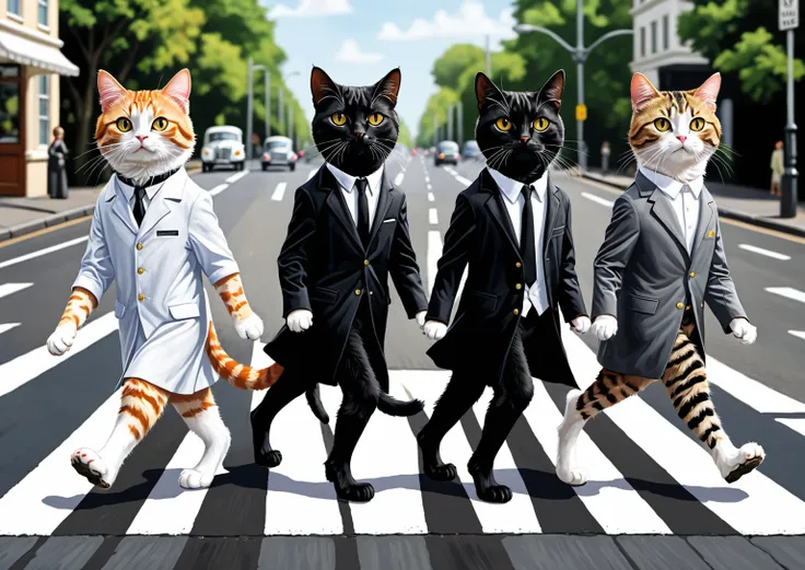 The ginger cat and the gray tabby cat and the black cat and the white cat, walking on two legs in line, crosswalk on the road, parody with the beatles abbey road poster, digital anime painting style