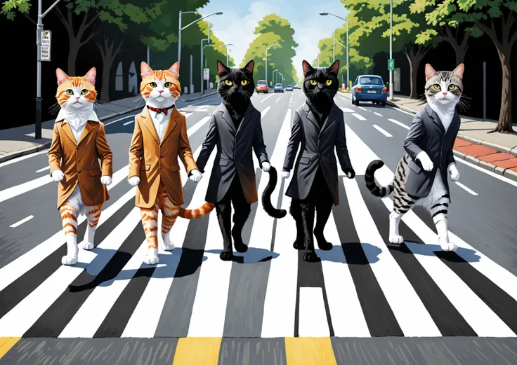 The ginger cat and the gray tabby cat and the black cat and the white cat, walking on two legs in line, crosswalk on the road, parody with the beatles abbey road poster, digital anime painting style