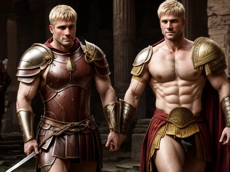 ancient rome. muscular, with a carefully shaved face, without beard or mustache, handsome, in battle armor, blond centurion of t...