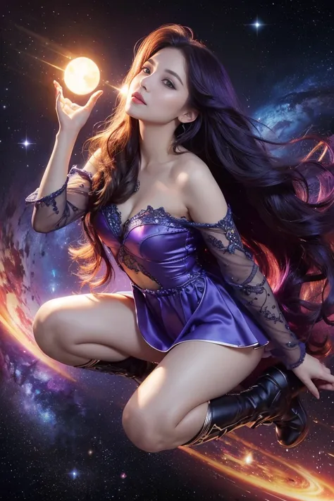 amazing looking young woman, cute, large eyes, looking up at space, whimsical, intricate, audaciously detailed fantasy, long wavy purple hair, 64 megapixels, 8K, HDR, charming, epic colors, painted by Fiona Staples, light and shadows, 4k, starry brilliance...