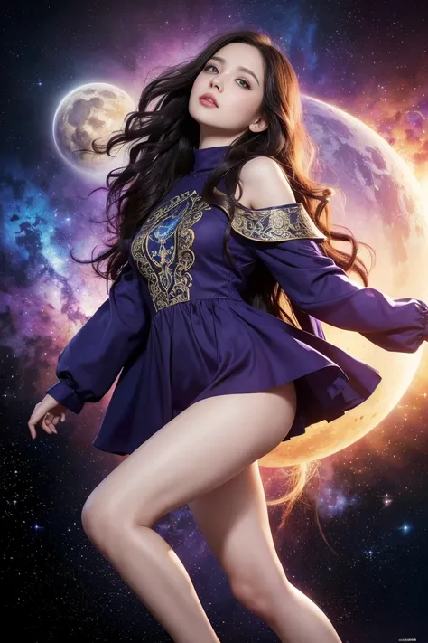 amazing looking young woman, cute, large eyes, looking up at space, whimsical, intricate, audaciously detailed fantasy, long wavy purple hair, 64 megapixels, 8K, HDR, charming, epic colors, painted by Fiona Staples, light and shadows, 4k, starry brilliance...