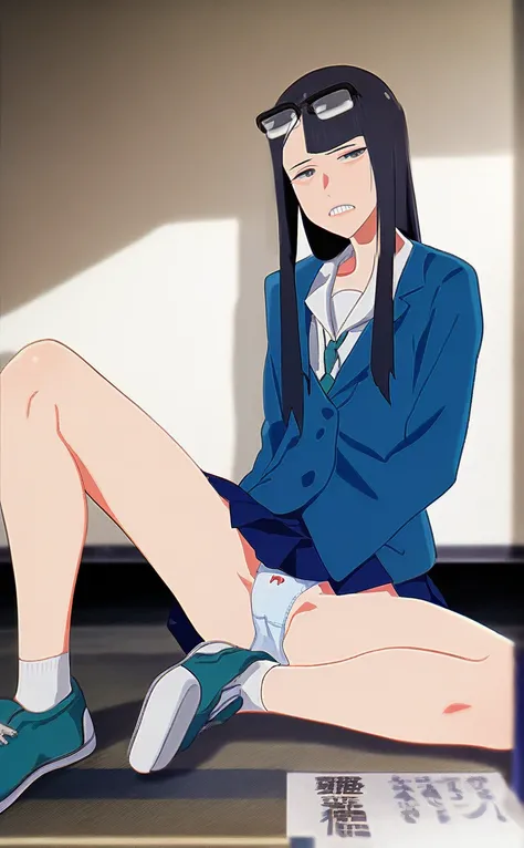 score_9, score_8, score_7, sauce_anime,
evaluation_general, anime, Official Art,
kanamori, Wear glasses on your head, Seraph Freckles, Pleated skirt, blazer, Blue Skirt, Sit on a chair,mini skirt,Spread your legs,Thighs,Bare legs,Satin panties are visible,...