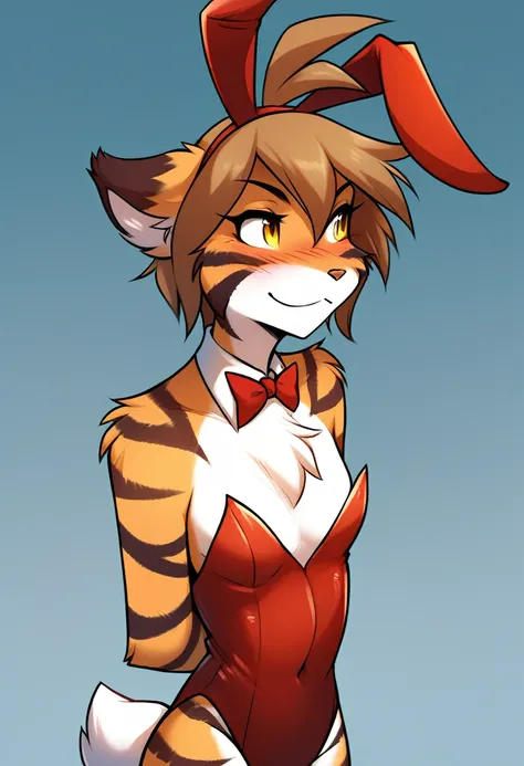 score_9, score_8_up, score_7_up, score_6_up, score_5_up, score_4_up, source_furry, a female anthro fluffy, female, furry, anthro, tkflora, tiger, striped fur, keidran, yellow eyes, solo, small breasts, anthro, (blush, looking away, hands behind back:1.15),...