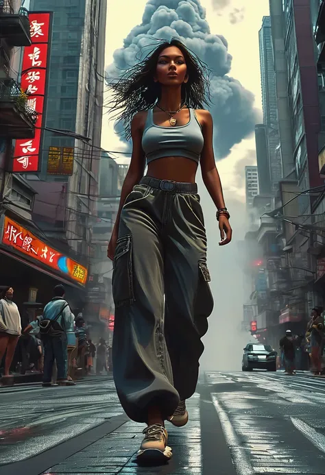 "A towering Giantess in a cool and laid-back hippie style is rocking a crop top and baggy pants. Her toned and athletic build hints at her massive strength. She seems to be casually strolling through the bustling cityscape of GTS City, as towering building...