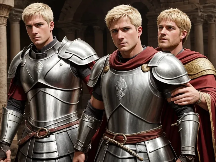 ancient rome. muscular, with a carefully shaved face, without beard or mustache, handsome, in battle armor, blond centurion of t...