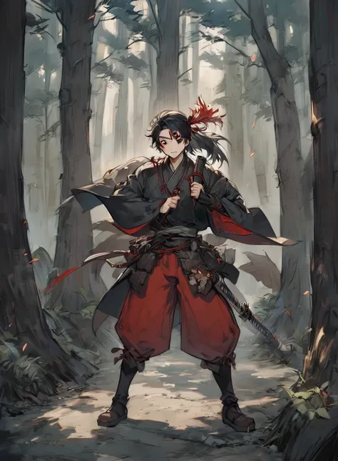 young man ,Male Dark, dark Woods,Red & Black colors, odd eye, samurai dnd, pirate background, hold katana in right hand