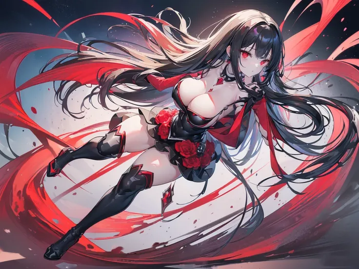 (Exquisite eyes),(Clear and beautiful eyes:1.61),masterpiece, 1 young girl,(Black clothes and some red gems), Black long hair, (She has a huge red gem on her chest), Good Hand,((The Havoc of StarCraft)),full-body shot,Fighting Stance,(Red Eyes:1.466)，short...