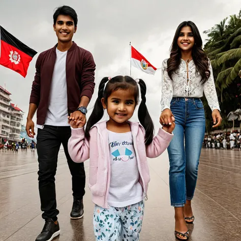 A 4-year-old girl walking very happily, a 30 years old Peruvian man holding hand with her left hand, and a beauty 25 years old woman hand with her right hand, casual clothes, very expressive gesture in face ((Peruvian skin)), clean dark hair. natural white...