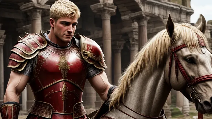 ancient rome. muscular, with a carefully shaved face, without beard or mustache, handsome, in battle armor, blond centurion of t...