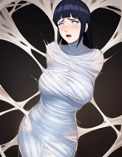 masterpiece, best quality, 1girl, solo, looking at viewer, hinata(shippuden), length hair, floating hair，large breasts , breasts out,  (arms behind back:1.4), hanging,spiders in the web,long spider, Hinata, desperate，struggle, entangled, embarassed face, d...