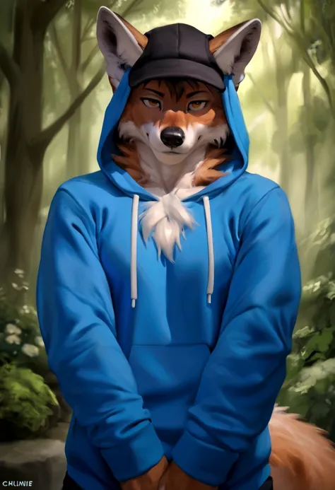 arafed wolf wearing a blue hoodie and a black hat, in a hoodie, thick furry neck and chest fluff, commission for high res, wearing a hoody, wearing a hoodie, wearing a blue hoodie, furry wolf, furry chest, casually dressed, furry fursona, an anthro wolf, p...