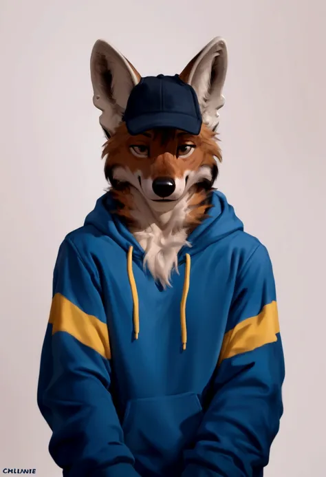 arafed wolf wearing a blue hoodie and a black hat, in a hoodie, thick furry neck and chest fluff, commission for high res, weari...