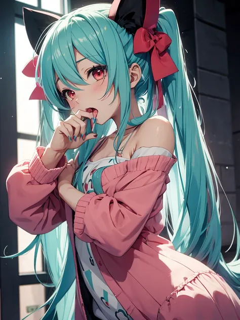 hatsune miku, pijama, cat ears, sucking fingers, red eyes