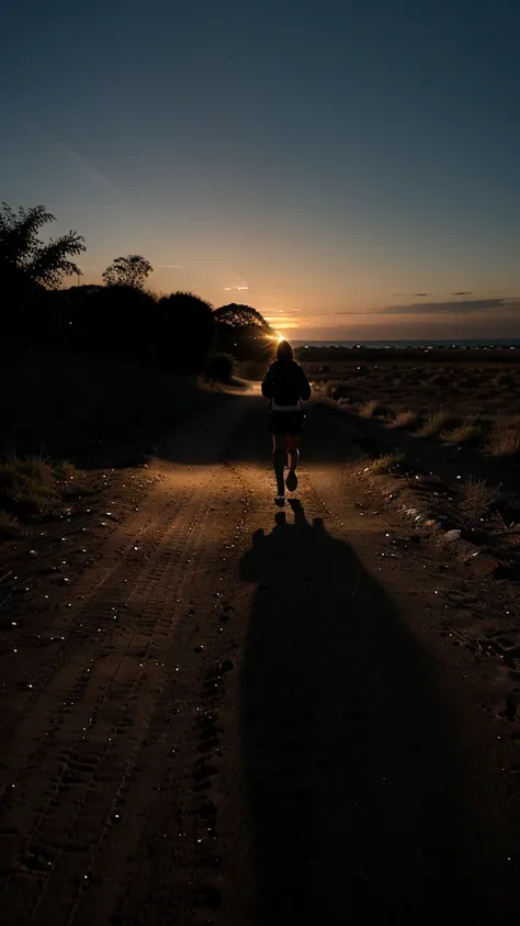 A dirt path at night, illuminated by a soft light that symbolizes confidence and determination. over the horizon, you see a silhouette of a person walking towards a distant goal.