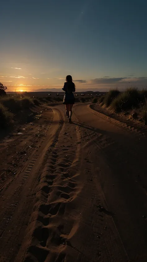 A dirt path at night, illuminated by a soft light that symbolizes confidence and determination. over the horizon, you see a silhouette of a person walking towards a distant goal.