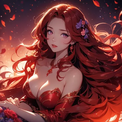 a woman with long, curly red hair wearing a long, flowing flaming red dress with a high neckline and long sleeves, lying on a bed of flowers, standing against a dark background with a flaming glow. Her lips are slightly parted, as if she is lost in thought...