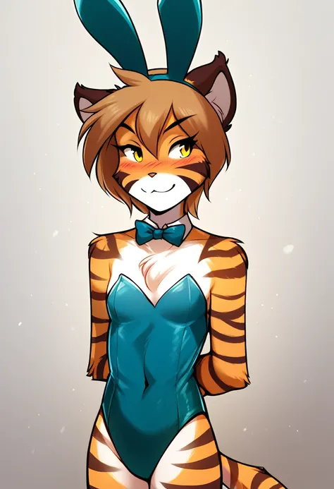 score_9, score_8_up, score_7_up, score_6_up, score_5_up, score_4_up, source_furry, a female anthro fluffy, female, furry, anthro, tkflora, tiger, striped fur, keidran, yellow eyes, solo, small breasts, anthro, (blush, looking away, hands behind back:1.15),...