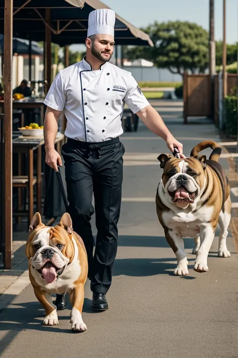 A chef cook walking a bulldog dog 
