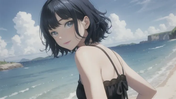 In this extraordinary animated masterpiece, A seductive scene is presented featuring a young girl with short dark hair and curly bangs.。. The vibrant blue sky provides a breathtaking backdrop, Perfectly complements the beauty of the girl&#39;s surroundings...