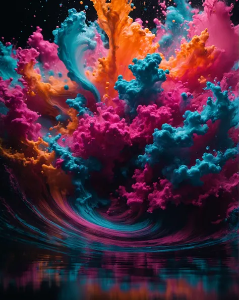 Colorful fluorescent ink dissolves in water., Cinematic shot + Dynamic configuration, 信じられないほどdetailed, sharp, detailed + Exquisite detail + Professional Lighting, Cinema Lighting + 35mm + Anamorphic + Lightroom + Cinematography + Bokeh + Lens flare + Film...