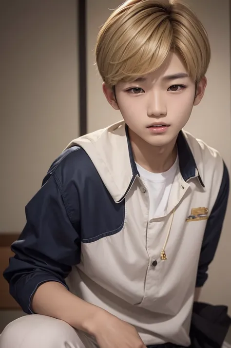 A Korean boy with medium hair with blonde highlights, he has rabbit teeth