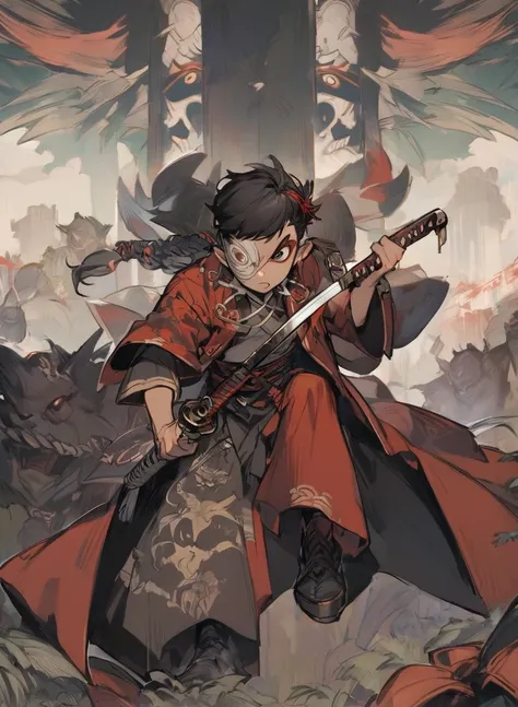 young man ,Male Dark, dark Woods,Red & Black colors, odd eye, samurai dnd, pirate background, hold katana in right hand