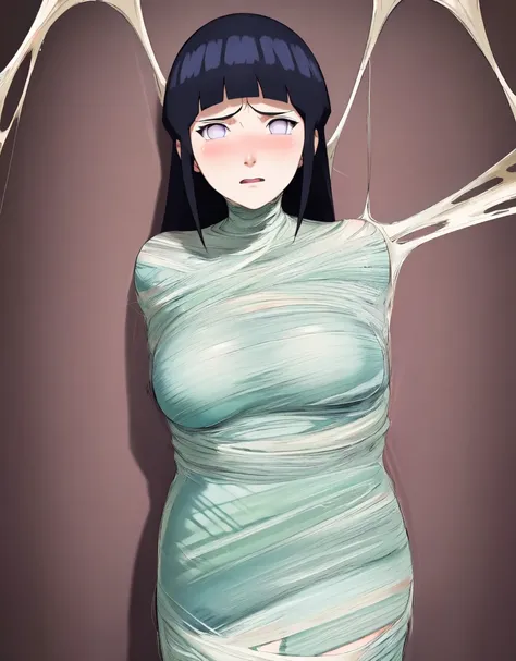 masterpiece, best quality, 1girl, solo, looking at viewer, hinata(shippuden), length hair, floating hair，large breasts , breasts out,  (arms behind back:1.4), hanging,spiders in the web,long spider, Hinata, desperate，struggle, entangled, embarassed face, d...