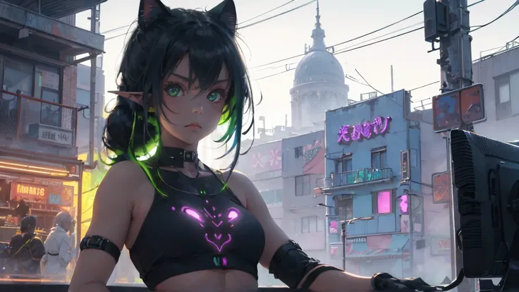 a beautiful girl, rainbow color, , with cute face and long hair, cyberpunk city, city, very detailed, Ethereal Cyberverse, Extreme abs a beautiful girl, rainbow color, cat ears, planets, , with cute face and long hair, cyberpunk city, mega robots, high tec...