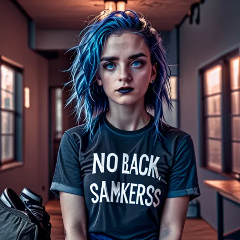 a young woman, blue hair, blue eyes, black t-shirt that says "NO", black baggy jeans, black sneakers, black makeup, serious expression, detailed eyes, realistic portrait, highly detailed, 8k, photorealistic, chiaroscuro lighting, dramatic lighting, cinemat...