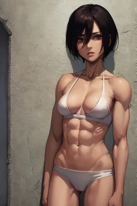 1girl,ultra high details, ultra high auality,(highly detailed face)1.2,(high quality of face)1.3,Mikasa Ackerman,highly detailed abs,perfect female anatomy, best quality of shadows,highly detailed muscles,beautiful face,volume shadows