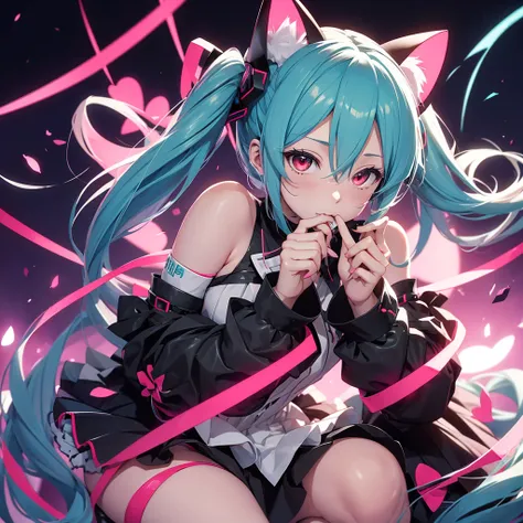 hatsune miku, cheeleader, cat ears, sucking fingers, red eyes