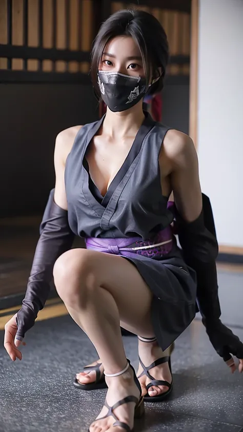 Female ninja wearing short kimono with bare feet exposes showing off boob cleavage 