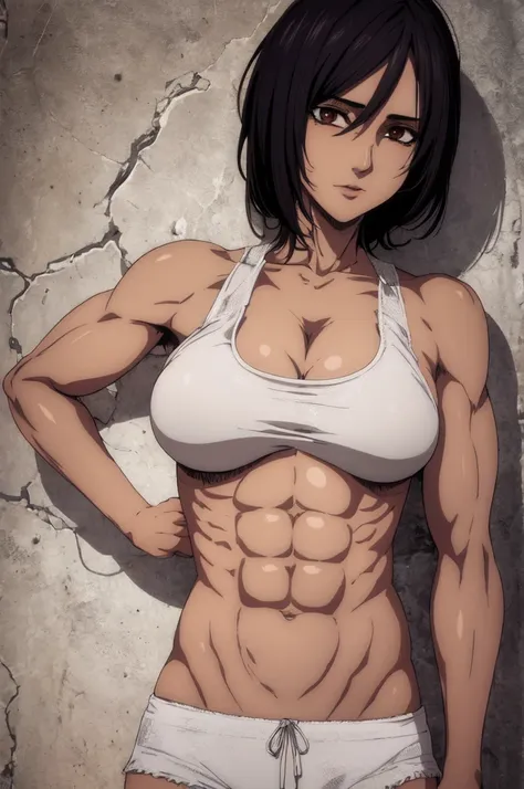 1girl,ultra high details, ultra high auality,(highly detailed face)1.2,(high quality of face)1.3,Mikasa Ackerman,highly detailed abs,perfect female anatomy, best quality of shadows,highly detailed muscles,beautiful face,volume shadows