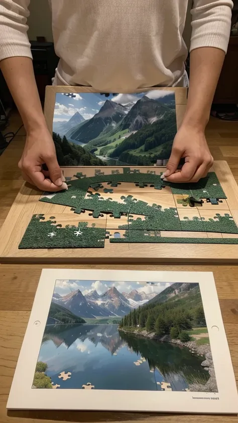 A person putting together a puzzle piece by piece. Each piece represents a daily effort, and the final picture of the puzzle is a beautiful landscape or a symbol of success.