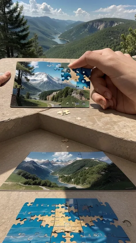 A person putting together a puzzle piece by piece. Each piece represents a daily effort, and the final picture of the puzzle is a beautiful landscape or a symbol of success.