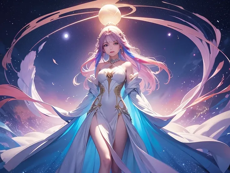 a woman in a long, flowing dress with a colorful, ethereal glow around her. She is standing in a grand, arched hallway with a large, glowing orb in the center of the image. The orb is surrounded by swirling, colorful clouds and stars, creating a sense of m...