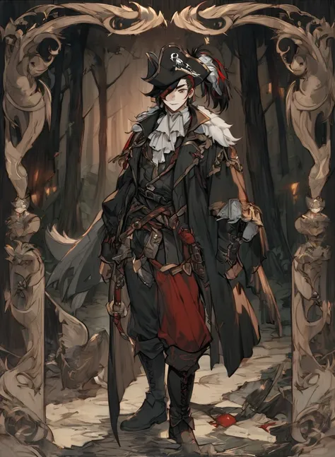 young man ,Male Dark, dark Woods,Red & Black colors, odd eye, rogue dnd, pirate background