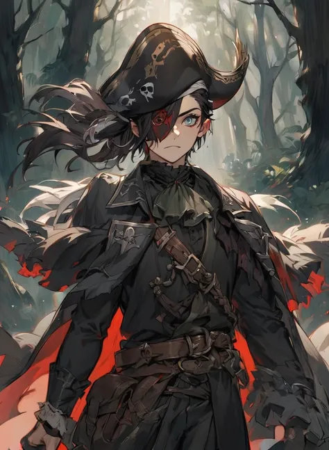 young man ,Male Dark, dark Woods,Red & Black colors, odd eye, rogue dnd, pirate background