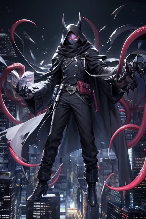 ((best quality)), ((masterpiece)), (detailed), 1 boy, full body, 23 years old, young adult, black scarf, bandage covering his mouth, eyes that glow white, 1 scratch on his right eye, pointy hood, completely black skin, disheveled hair, torn black coat that...