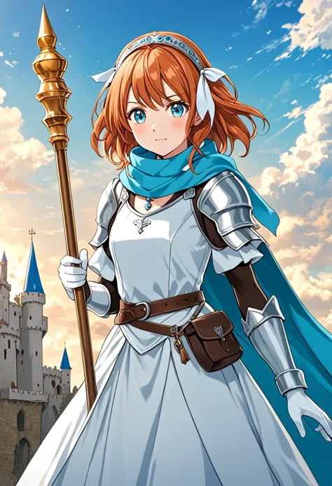 artwork, best quality, 2d anime style, White girl, medium length hair, twin tails, light orange redhead, blush cheeks, turquoise eyes, long white dress with light blue details, silver details, sleeveless, elbow gloves, light blue scarf, waist belt, docile ...