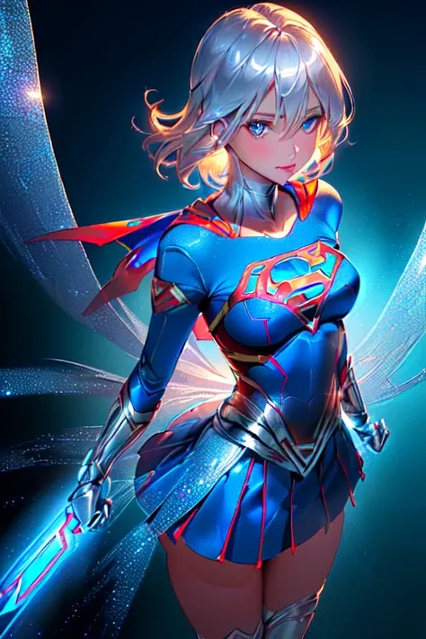 ((tanned adult woman), ((short blonde hair, blue colored eyes,)), slender and beautiful smile, ((dressed like a supergirl umlwotard, with silver details on the hips, tight in the booty)), red lipgloss stick, (( standing, looking at the camera )) , Masterpi...