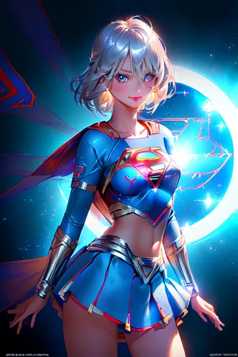 ((tanned adult woman), ((short blonde hair, blue colored eyes,)), slim and beautiful smile, ((dressed like a supergirl umlwotard, ( without mini skirt), with silver details on the hips, right on the butt)), red lipgloss stick, ( (standing, looking at the c...