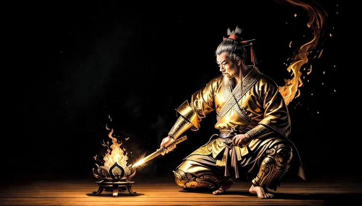 samurai kneeling in front of a flame of fire on a candlestick gold on a low  chatbudai, a japanese style house an environment at nigth this samurai is bein illuminated by the flame of that, holding  