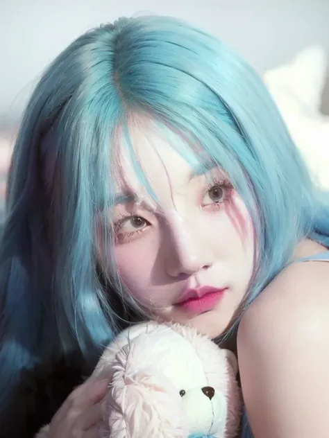 ulzzang with blue hair and a plush teddy bear