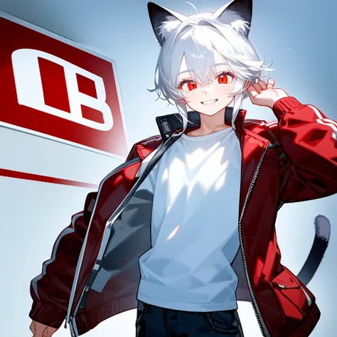 A solo cat boy, with white hair, red eyes, smile, photo pose, casual clothes, wearing jacket, bust up