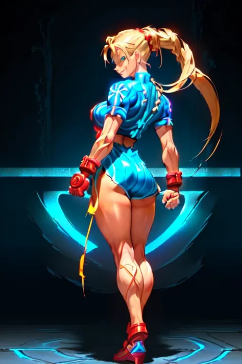 ((tanned adult woman), ((short blonde hair, blue colored eyes,)), slim and beautiful smile, ((dressed like cammy ( Street Fighter ), badass right on the butt)), red lipgloss stick, (( standing backwards, looking at the camera)), Masterpiece artwork, high q...