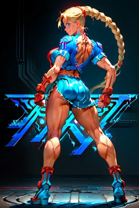 ((tanned adult woman), ((short blonde hair, blue colored eyes,)), slim and beautiful smile, ((dressed like cammy ( Street Fighter ), badass right on the butt)), red lipgloss stick, (( standing backwards, looking at the camera)), Masterpiece artwork, high q...