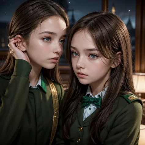 12 year old girl, slim, beautiful face, gold eyes, Brown hair, I would be, deep gaze straight ahead, Profile, in the Howards uniform with the Slytherin emblem, putting her hair behind her ear, in the background Howards Castle at night with wind